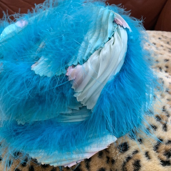 Vintage Silk Fabric Hat with Marabou Feathers Bright Blue